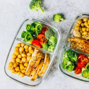 Healthy food in two lunch boxes - meal prep