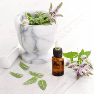 Spearmint in pestle and mortar with essential oil in front