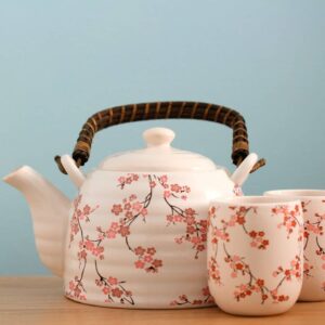 teapot and teacups against blue background